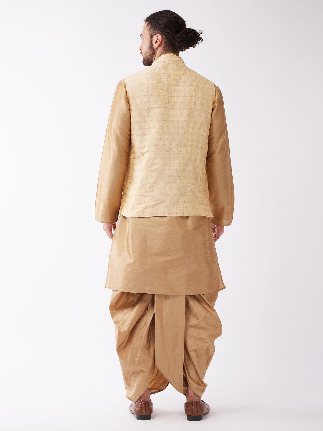 Men's Rose Gold Silk Blend Jacket, Kurta And Dhoti Set - Vastramay - Indiakreations