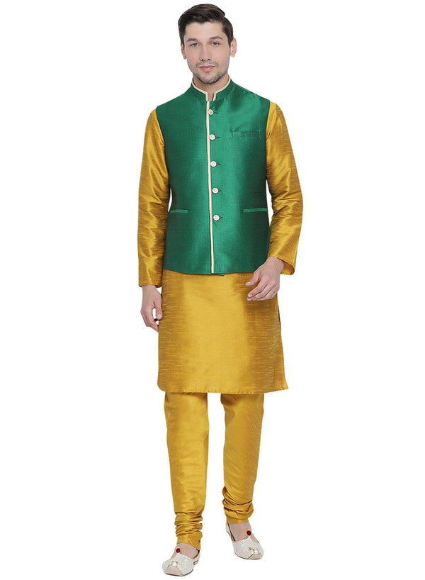 Men's Yellow Cotton Silk Blend Kurta, Ethnic Jacket and Pyjama Set - Vastramay - Indiakreations