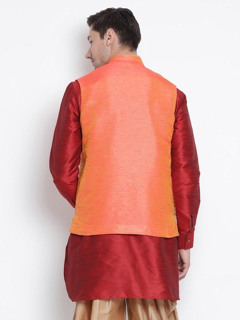 Men's Orange Cotton Silk Blend Ethnic Jacket - Vastramay - Indiakreations