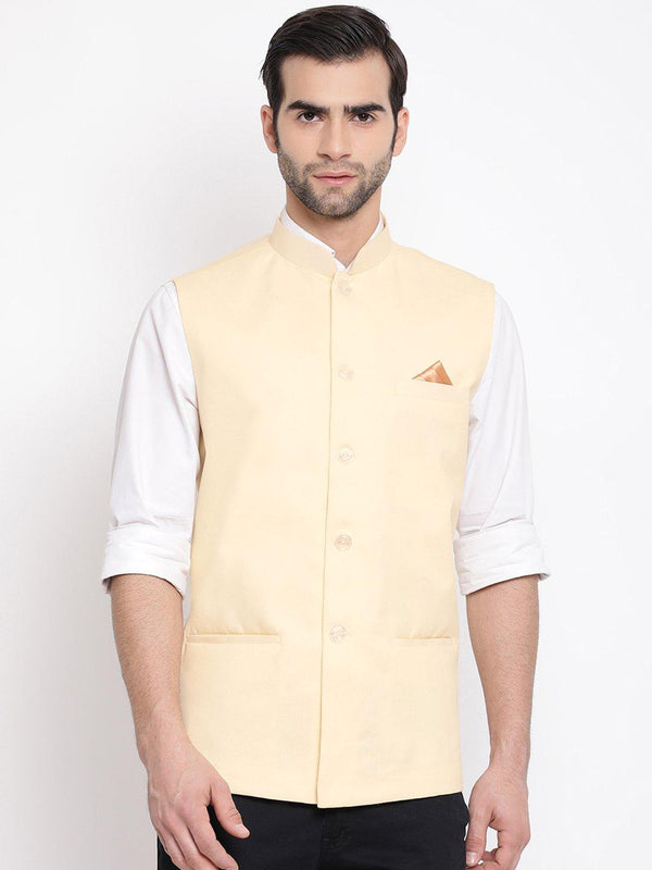 Men's Cream Solid Classic Royal Linen Nehru Jacket - Vastramay - Indiakreations