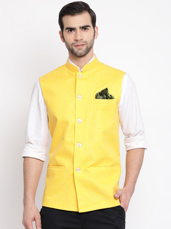 Men's Yellow Solid Classic Royal Linen Nehru Jacket - Vastramay