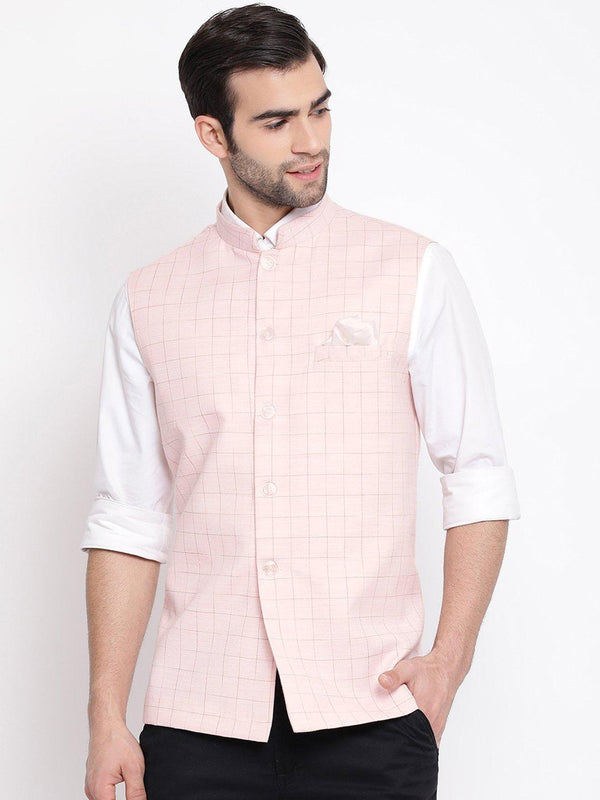 Men's Pink Checkered Classic Linen Nehru Jacket - Vastramay - Indiakreations