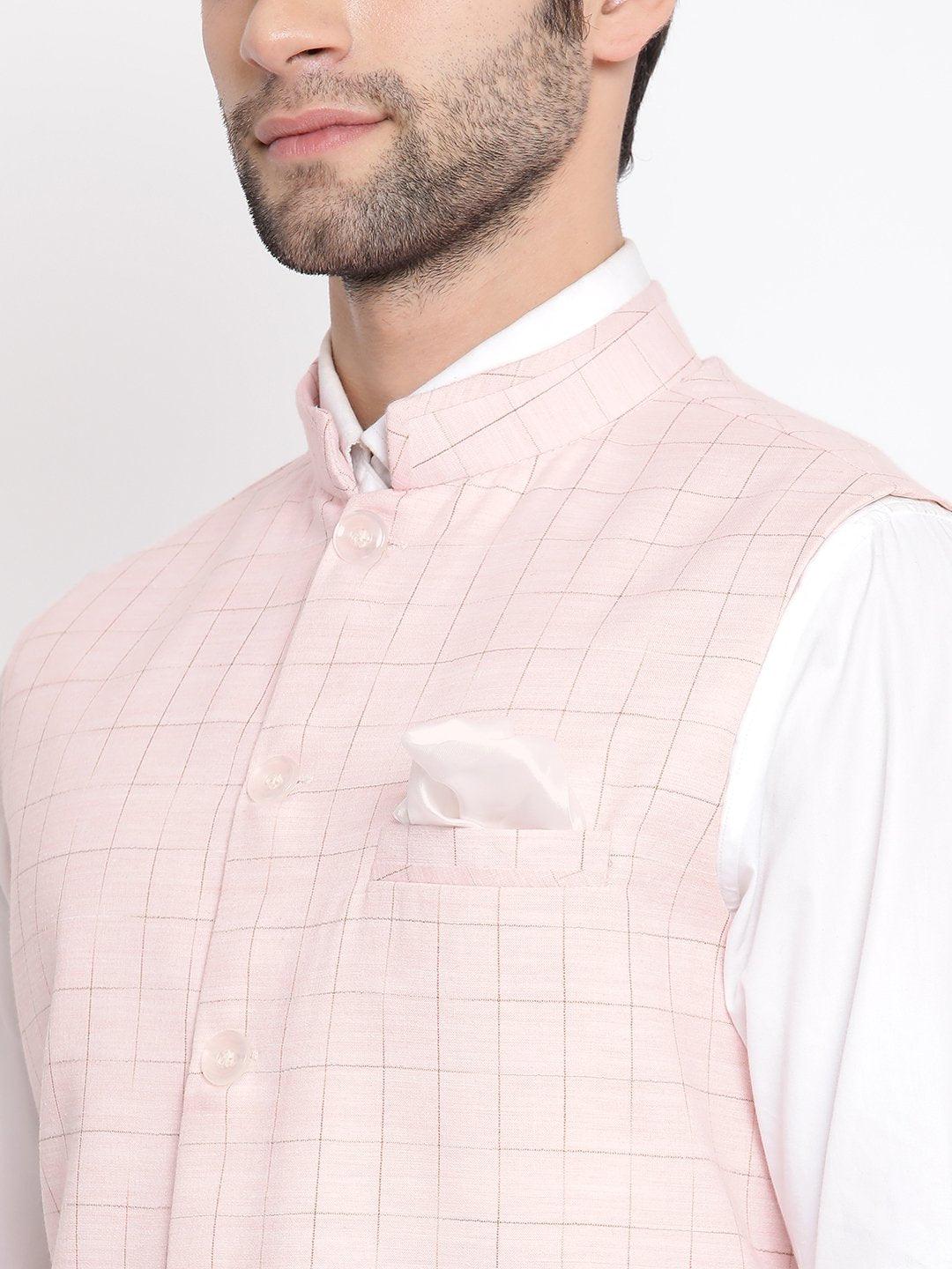 Men's Pink Checkered Classic Linen Nehru Jacket - Vastramay - Indiakreations