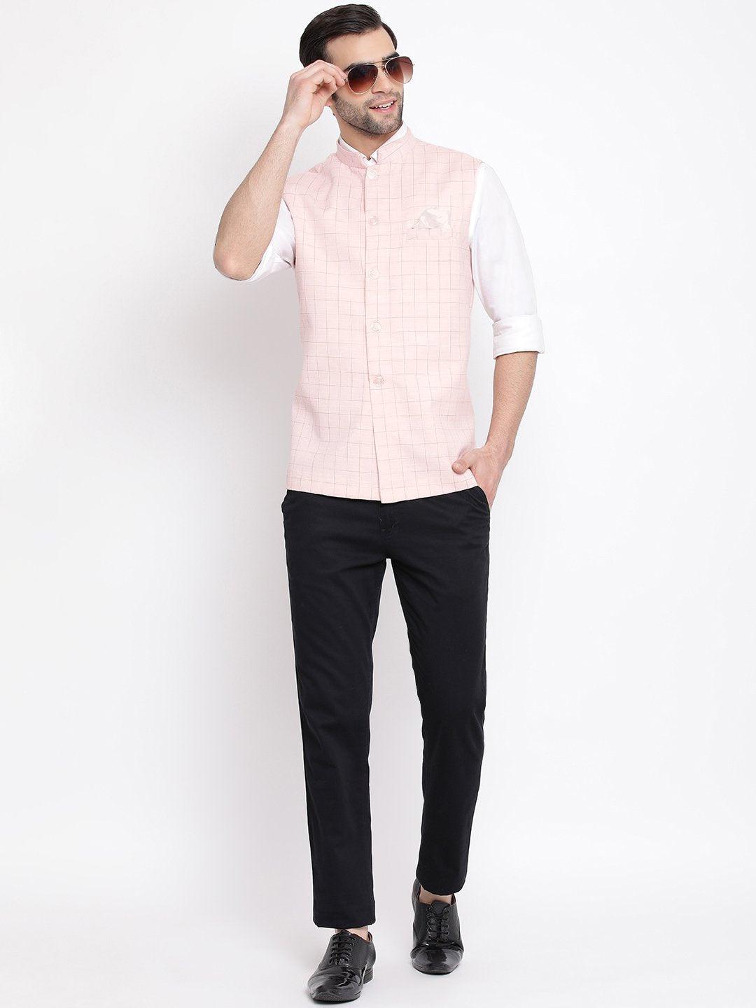 Men's Pink Checkered Classic Linen Nehru Jacket - Vastramay - Indiakreations