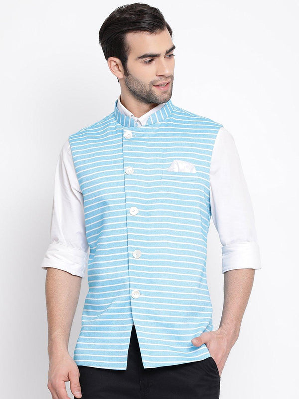 Men's Blue Stripes And Angrakha Pattern Classic Nehru Jacket - Vastramay - Indiakreations