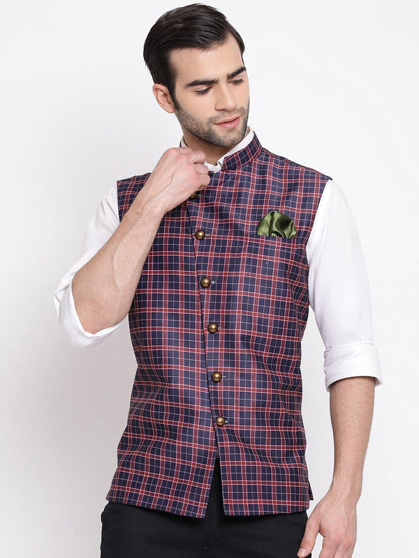 Men's Blue Checkered And Angrakha Pattern Classic Nehru Jacket - Vastramay - Indiakreations