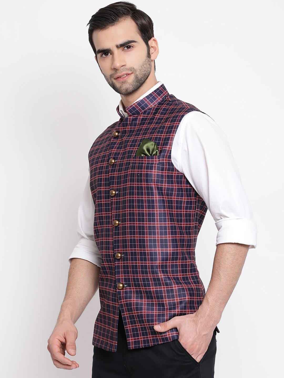 Men's Blue Checkered And Angrakha Pattern Classic Nehru Jacket - Vastramay - Indiakreations