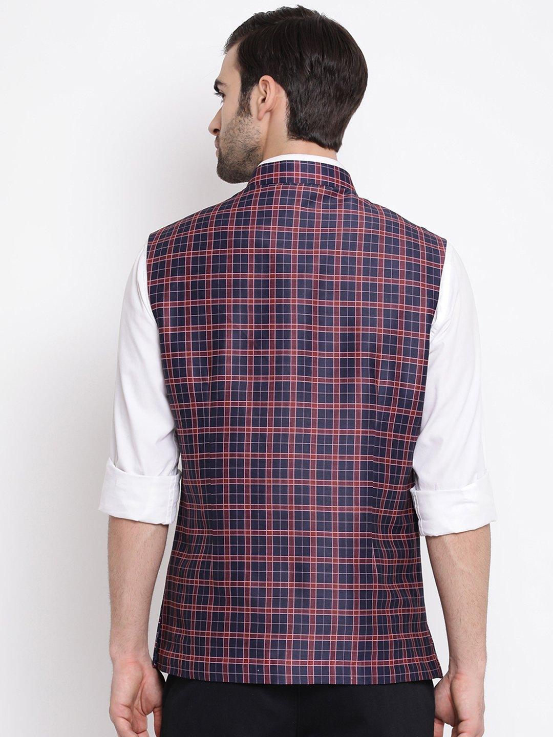 Men's Blue Checkered And Angrakha Pattern Classic Nehru Jacket - Vastramay - Indiakreations