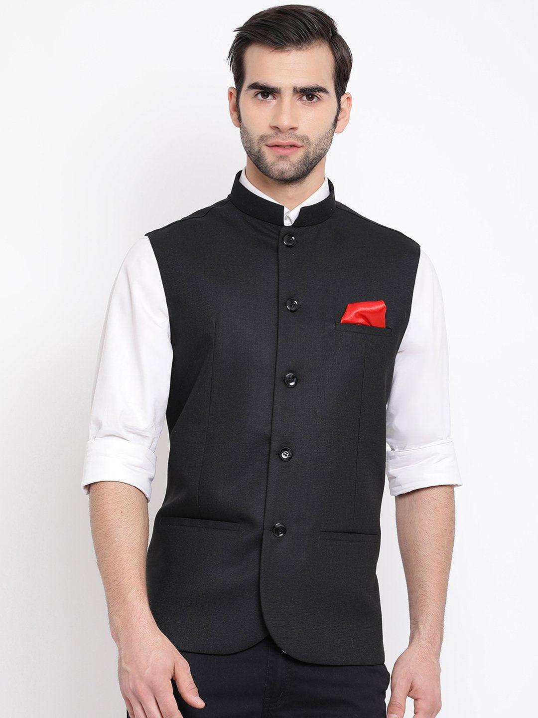 Men's Black Cotton Silk Blend Nehru Jacket - Vastramay - Indiakreations