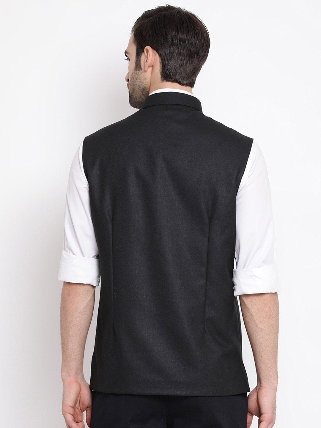 Men's Black Cotton Silk Blend Nehru Jacket - Vastramay - Indiakreations