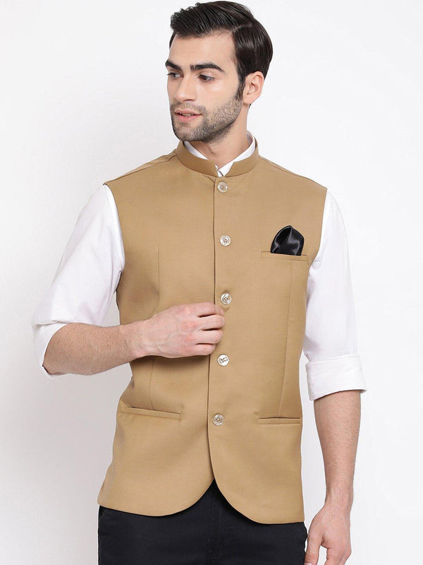 Men's Beige Cotton Blend Twill Nehru Jacket - Vastramay - Indiakreations