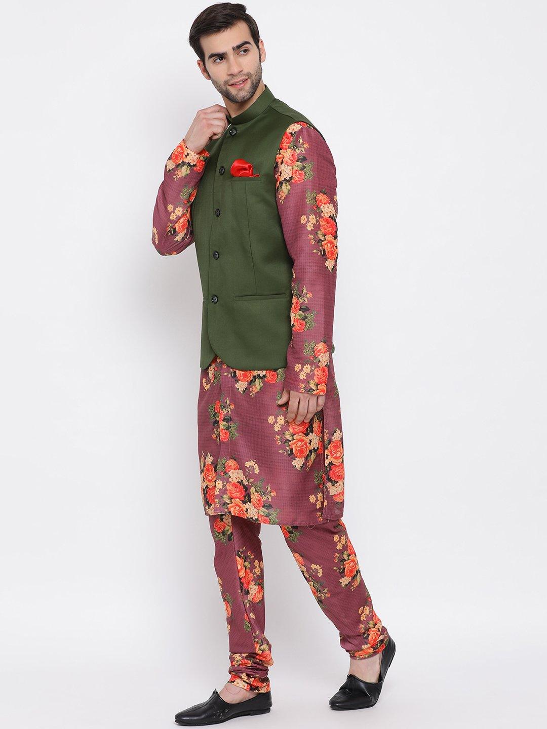 Men's Green Twill Jacket, Printed Kurta and Pyjama Set - Vastramay - Indiakreations