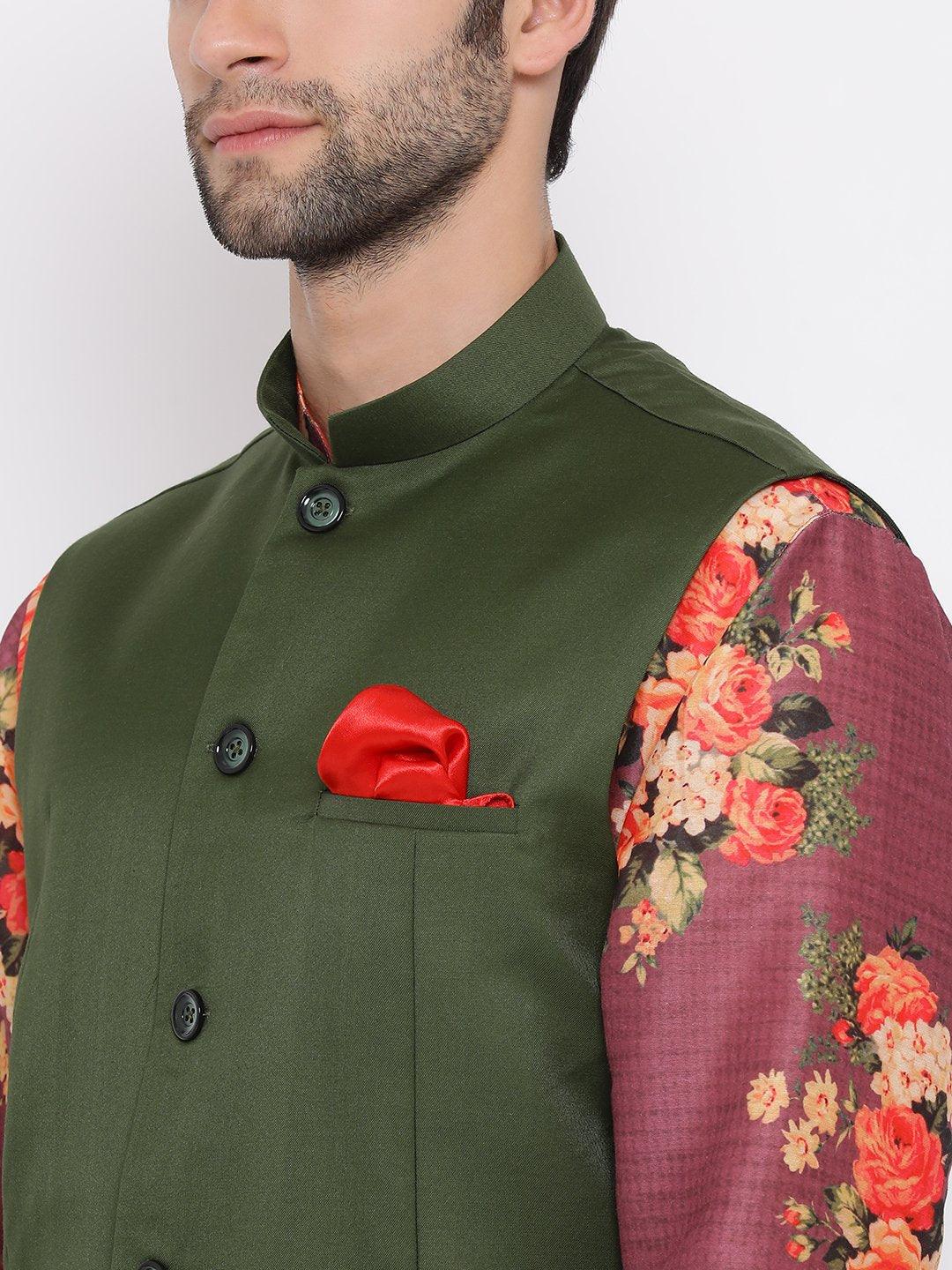 Men's Green Twill Jacket, Printed Kurta and Pyjama Set - Vastramay - Indiakreations