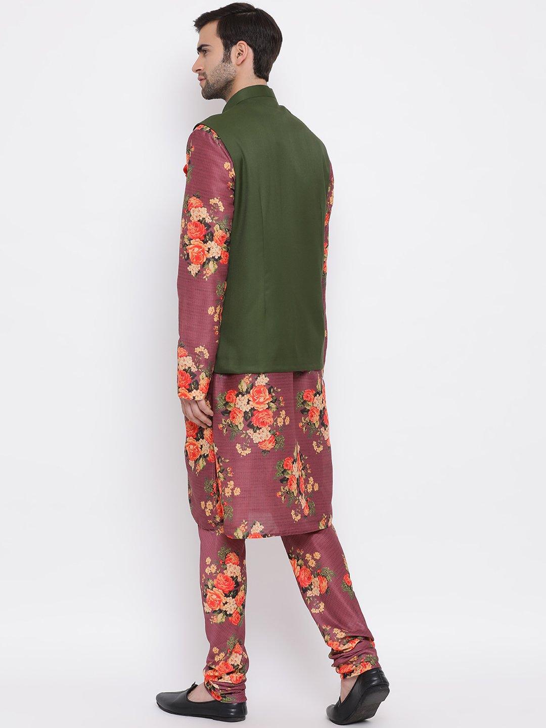 Men's Green Twill Jacket, Printed Kurta and Pyjama Set - Vastramay - Indiakreations