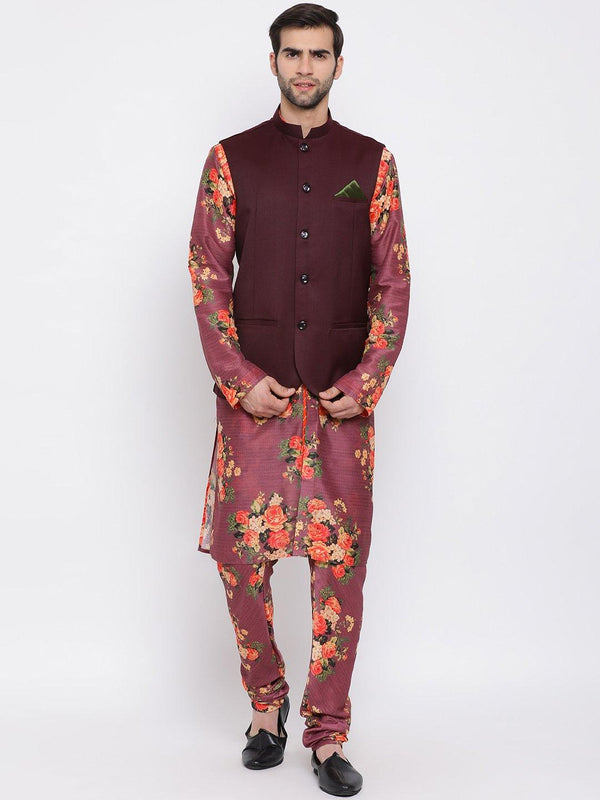 Men's Maroon Twill Jacket, Printed Kurta and Pyjama Set - Vastramay - Indiakreations