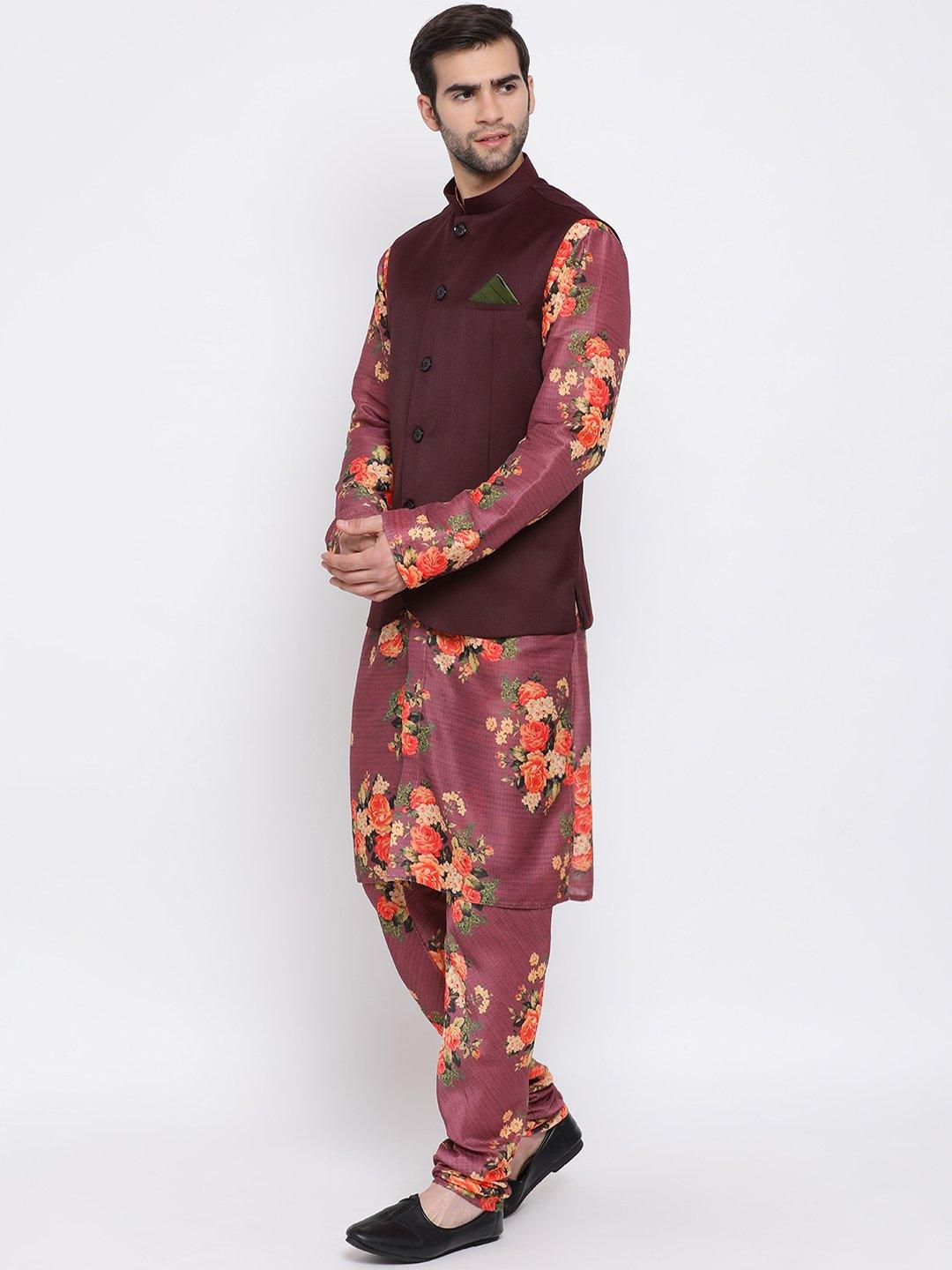 Men's Maroon Twill Jacket, Printed Kurta and Pyjama Set - Vastramay - Indiakreations