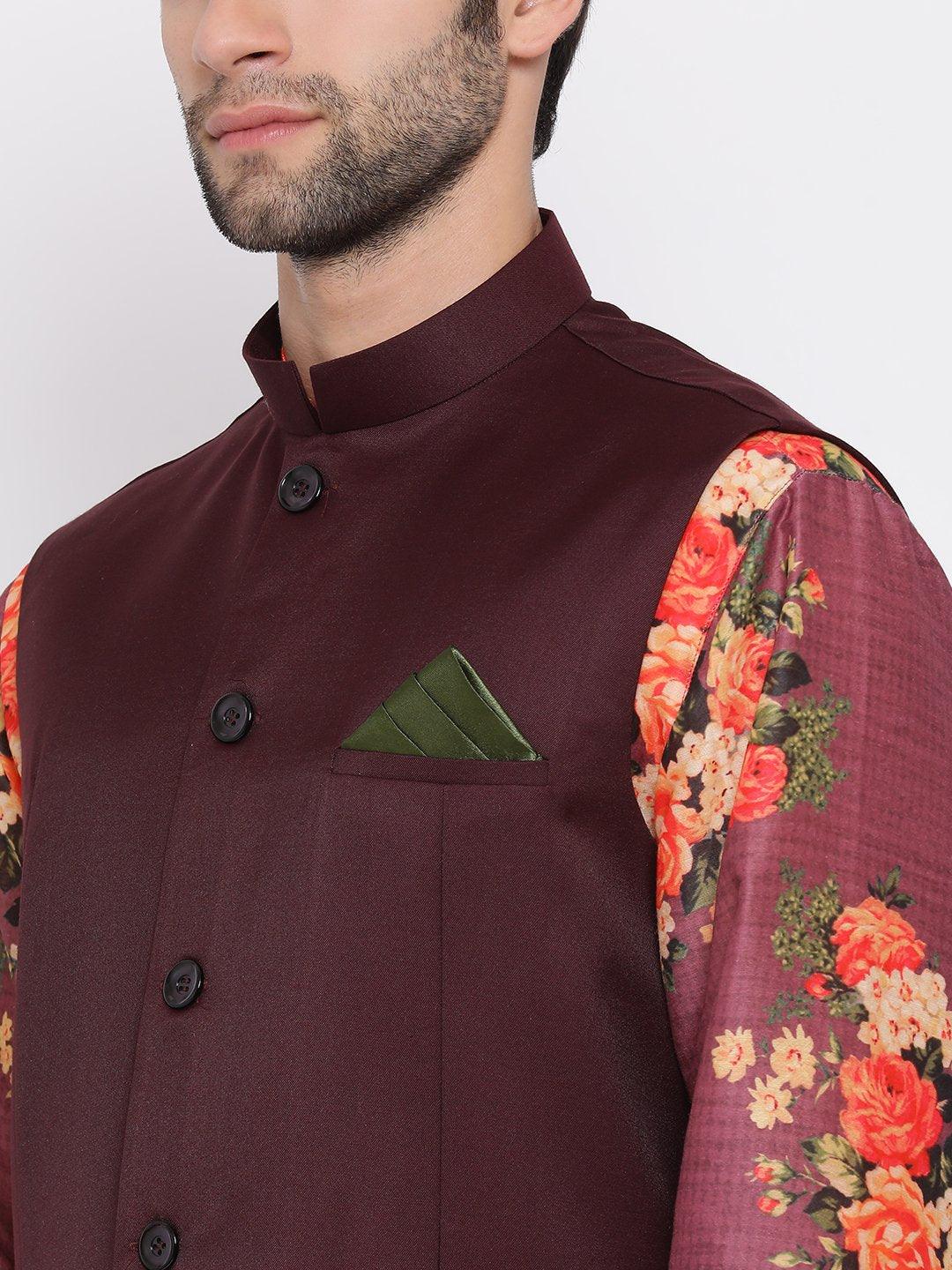 Men's Maroon Twill Jacket, Printed Kurta and Pyjama Set - Vastramay - Indiakreations