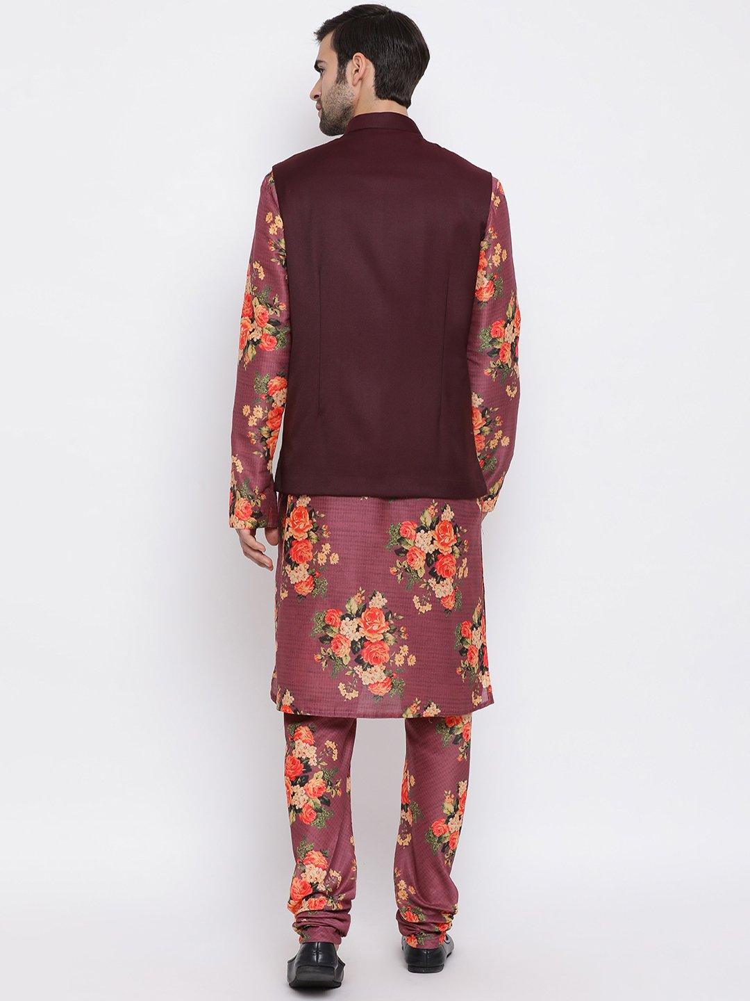 Men's Maroon Twill Jacket, Printed Kurta and Pyjama Set - Vastramay - Indiakreations