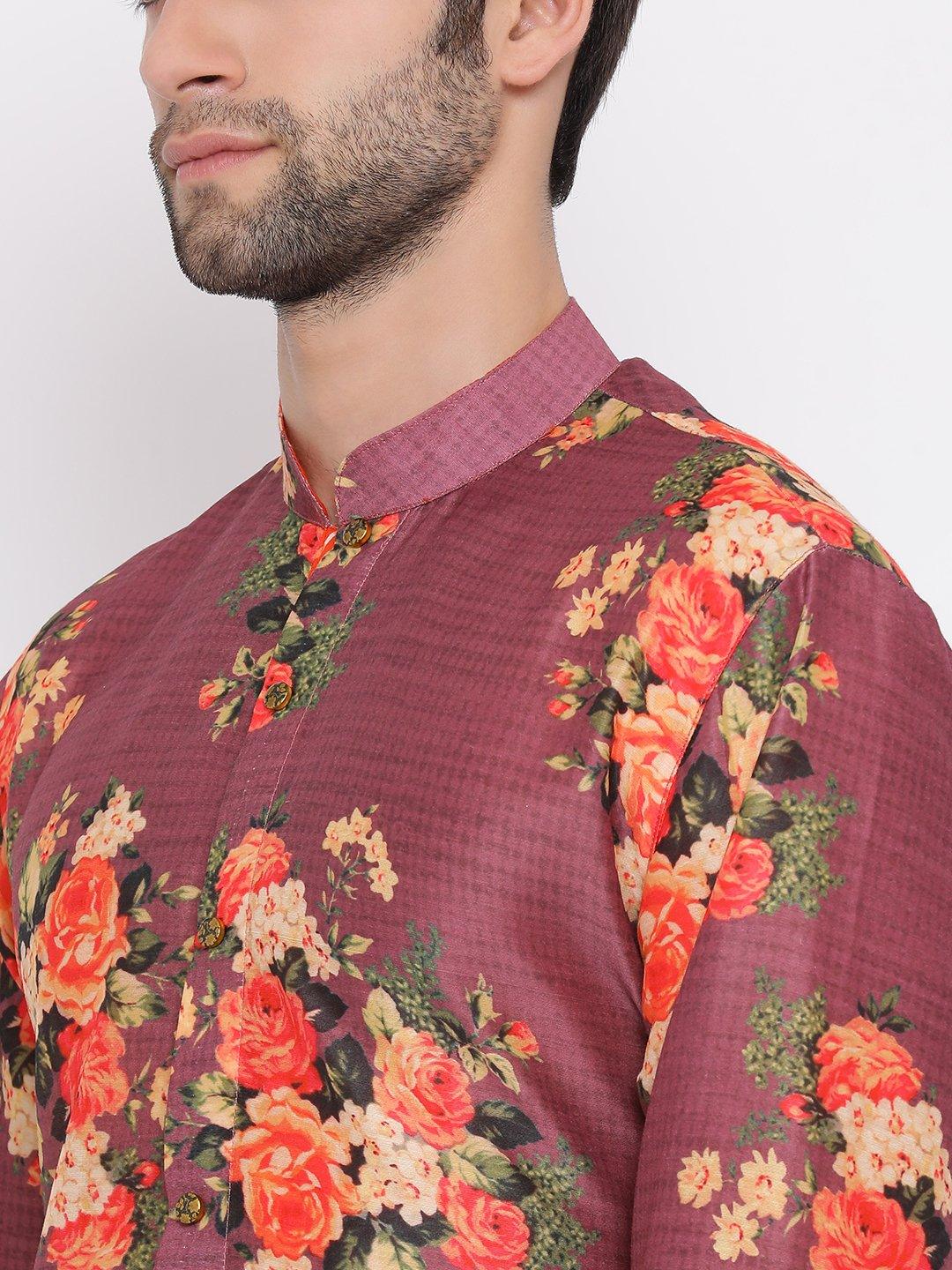 Men's Maroon Twill Jacket, Printed Kurta and Pyjama Set - Vastramay - Indiakreations