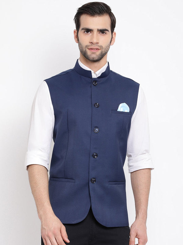 Men's Navy Blue Cotton Blend Twill Nehru Jacket - Vastramay