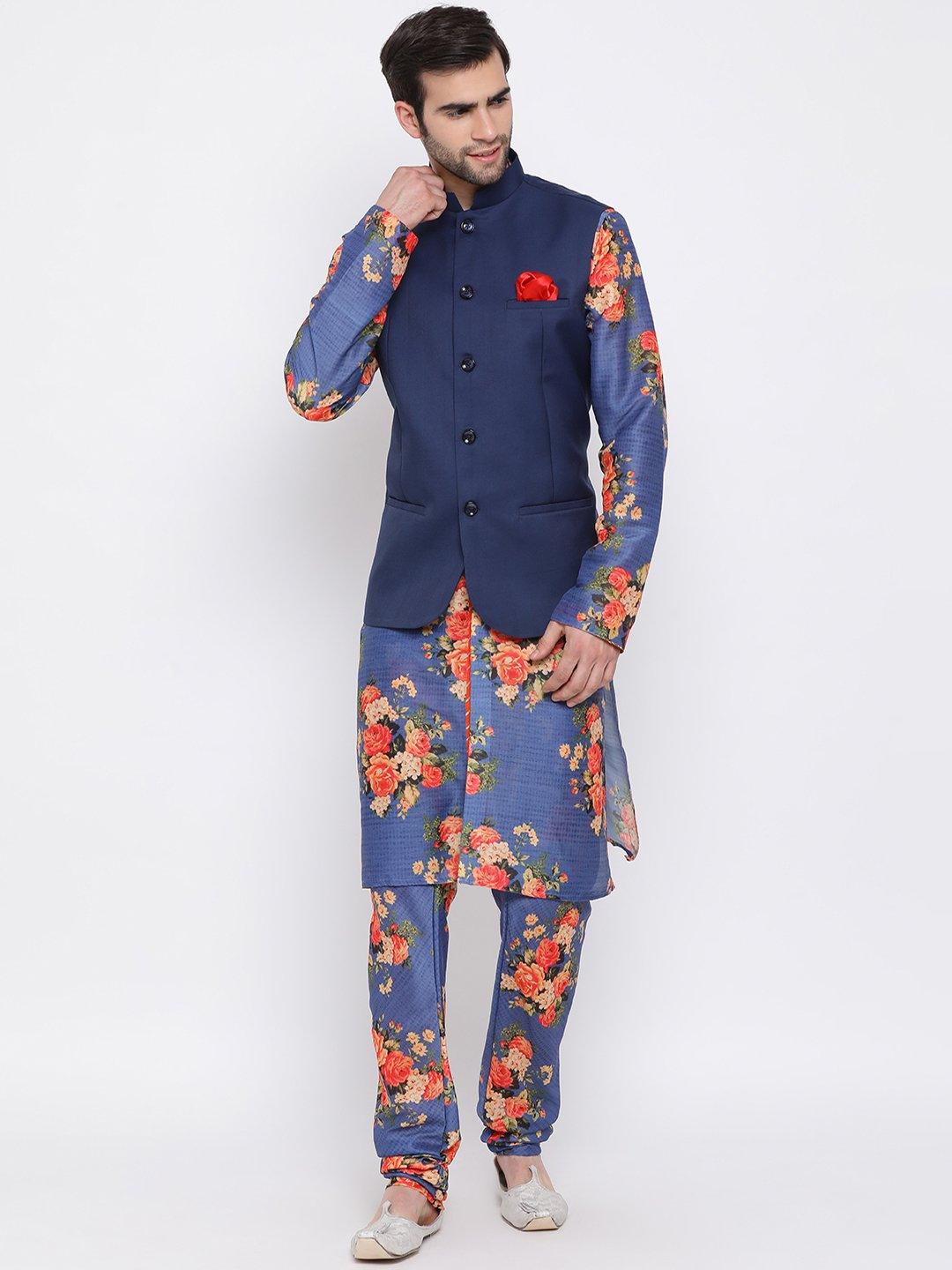 Men's Navy Blue Twill Jacket, Printed Kurta and Pyjama Set - Vastramay - Indiakreations