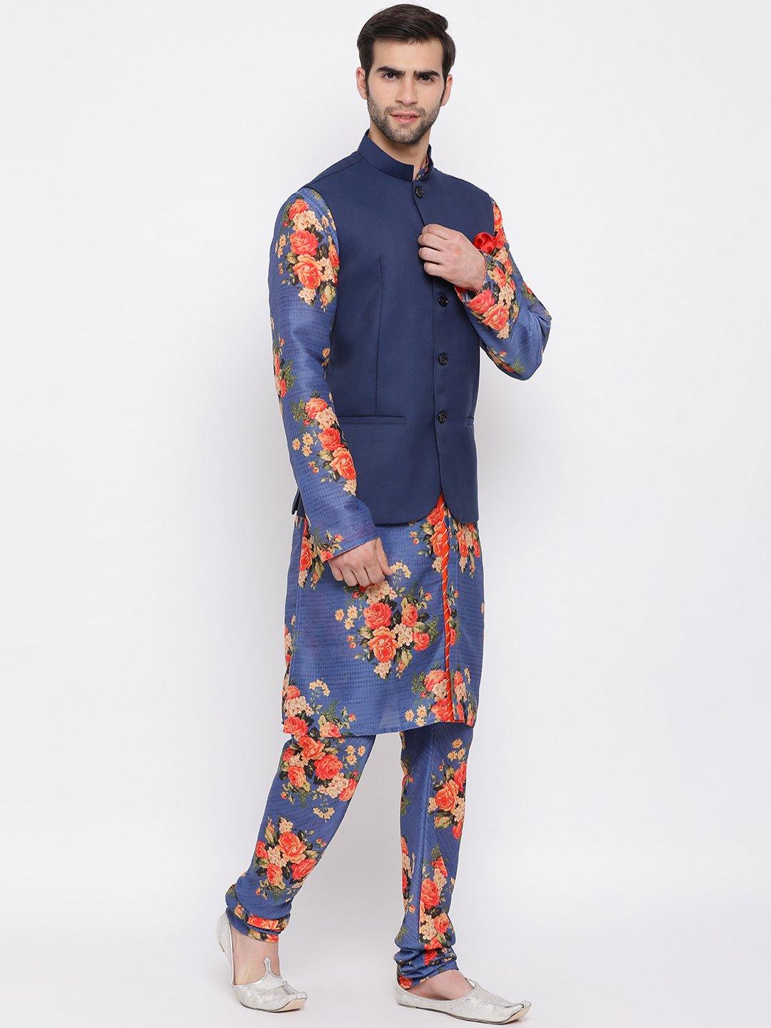 Men's Navy Blue Twill Jacket, Printed Kurta and Pyjama Set - Vastramay - Indiakreations