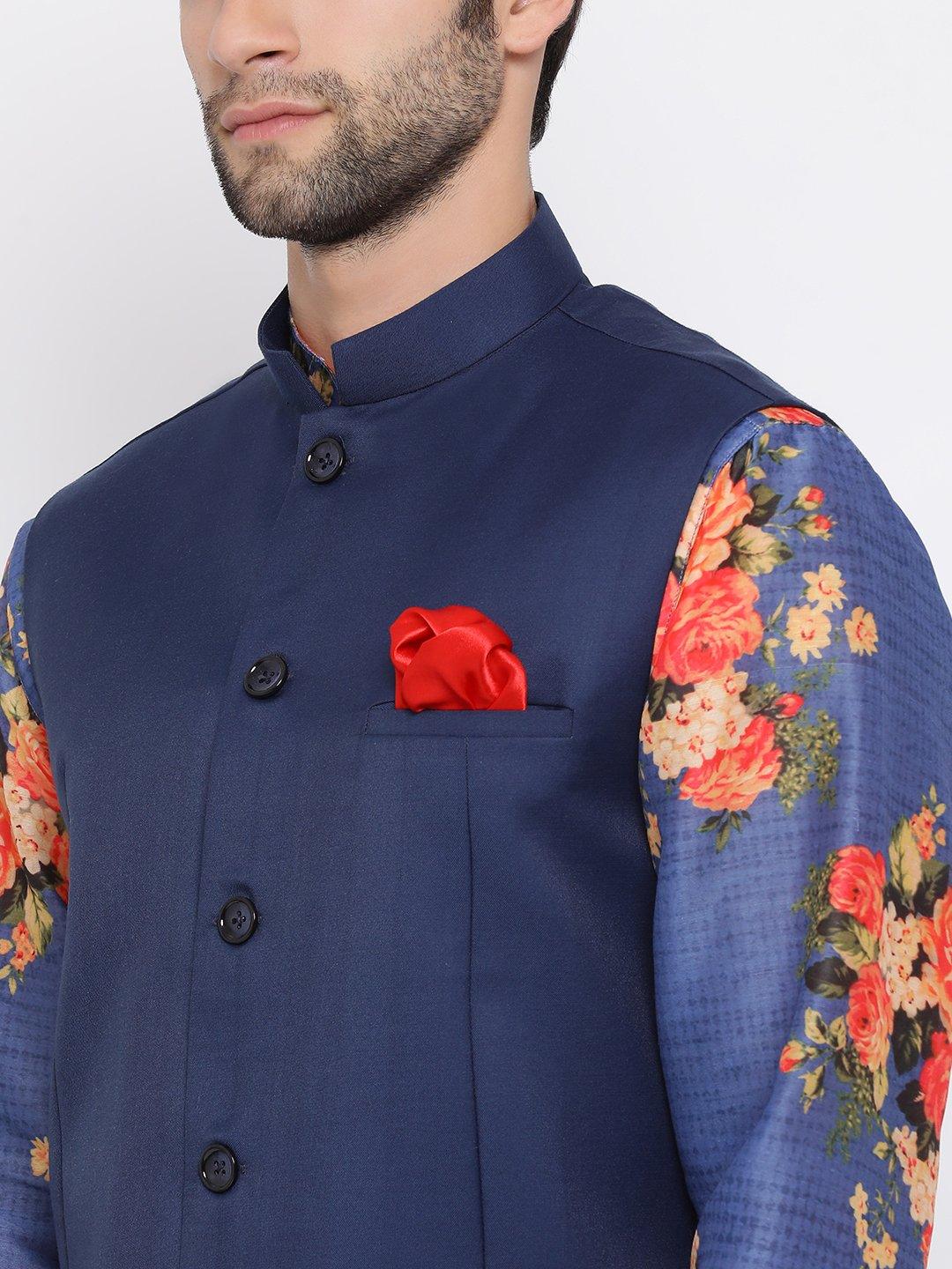 Men's Navy Blue Twill Jacket, Printed Kurta and Pyjama Set - Vastramay - Indiakreations