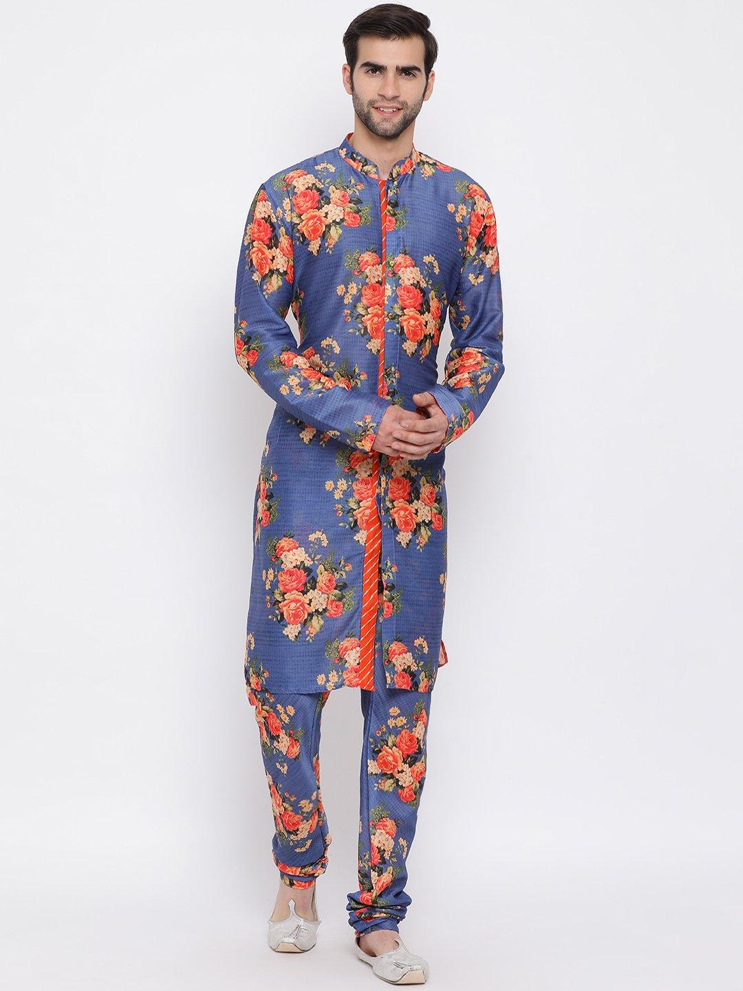 Men's Navy Blue Twill Jacket, Printed Kurta and Pyjama Set - Vastramay - Indiakreations