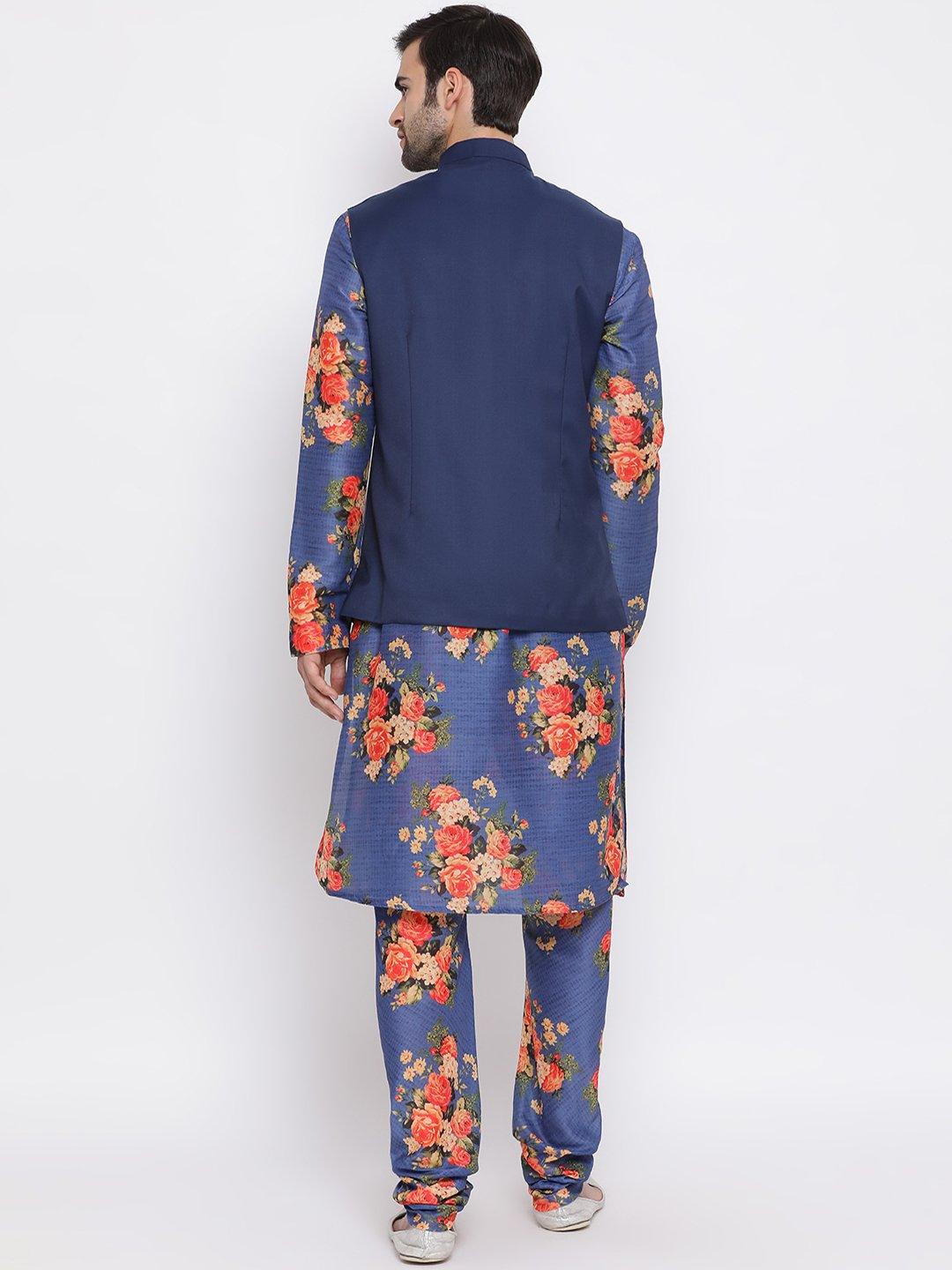 Men's Navy Blue Twill Jacket, Printed Kurta and Pyjama Set - Vastramay - Indiakreations