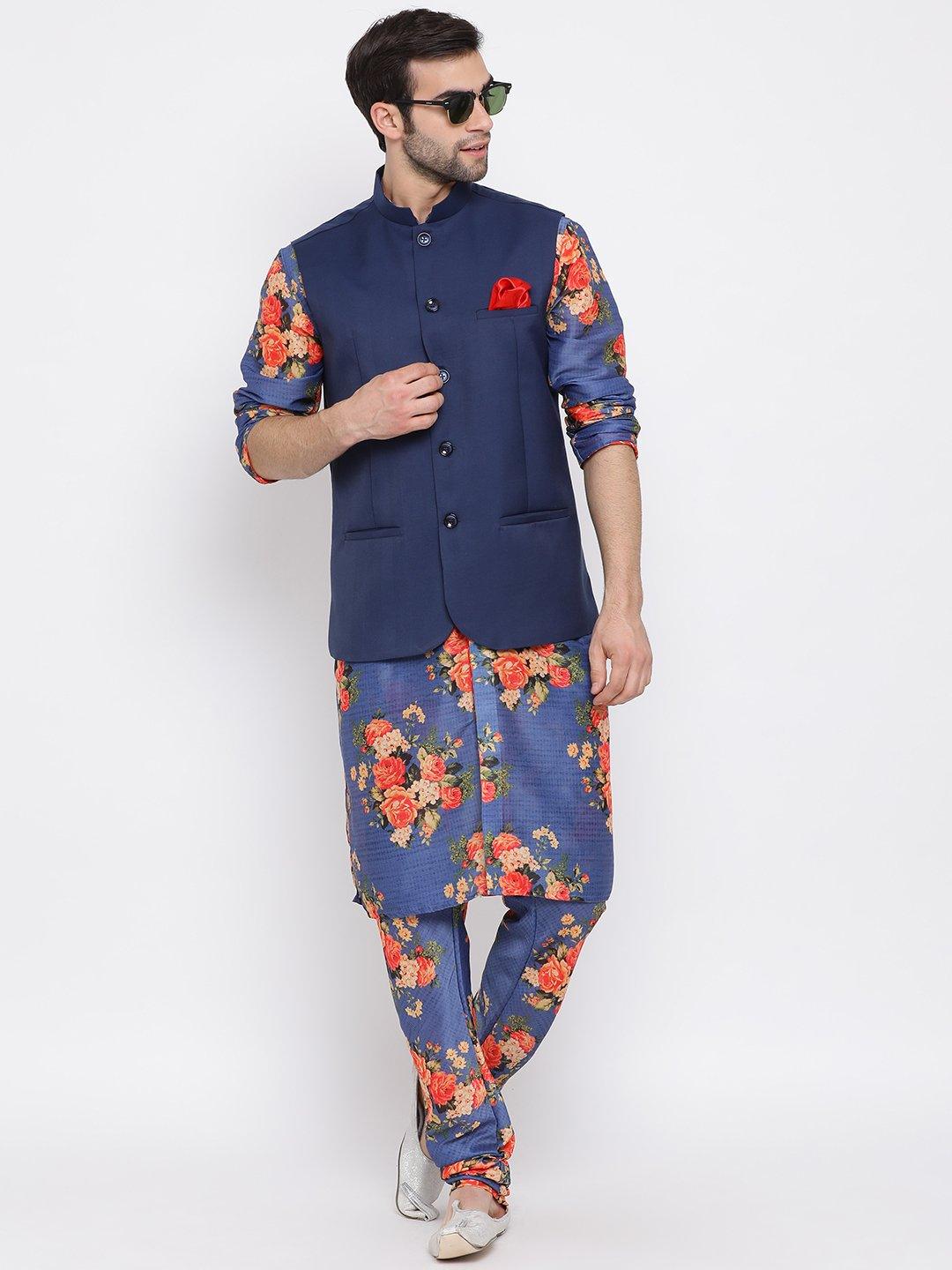 Men's Navy Blue Twill Jacket, Printed Kurta and Pyjama Set - Vastramay - Indiakreations