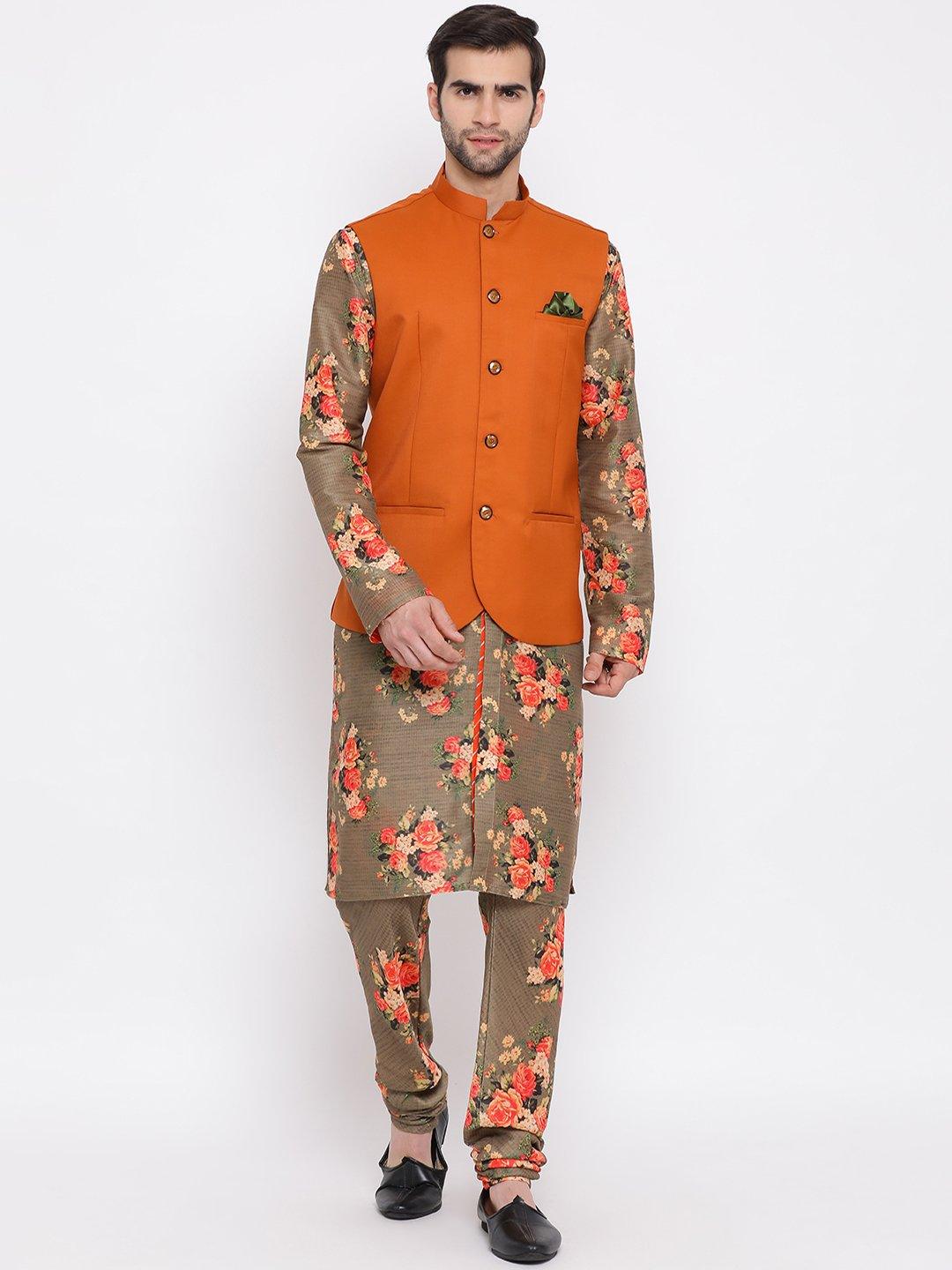 Men's Orange Twill Jacket, Printed Kurta and Pyjama Set - Vastramay - Indiakreations