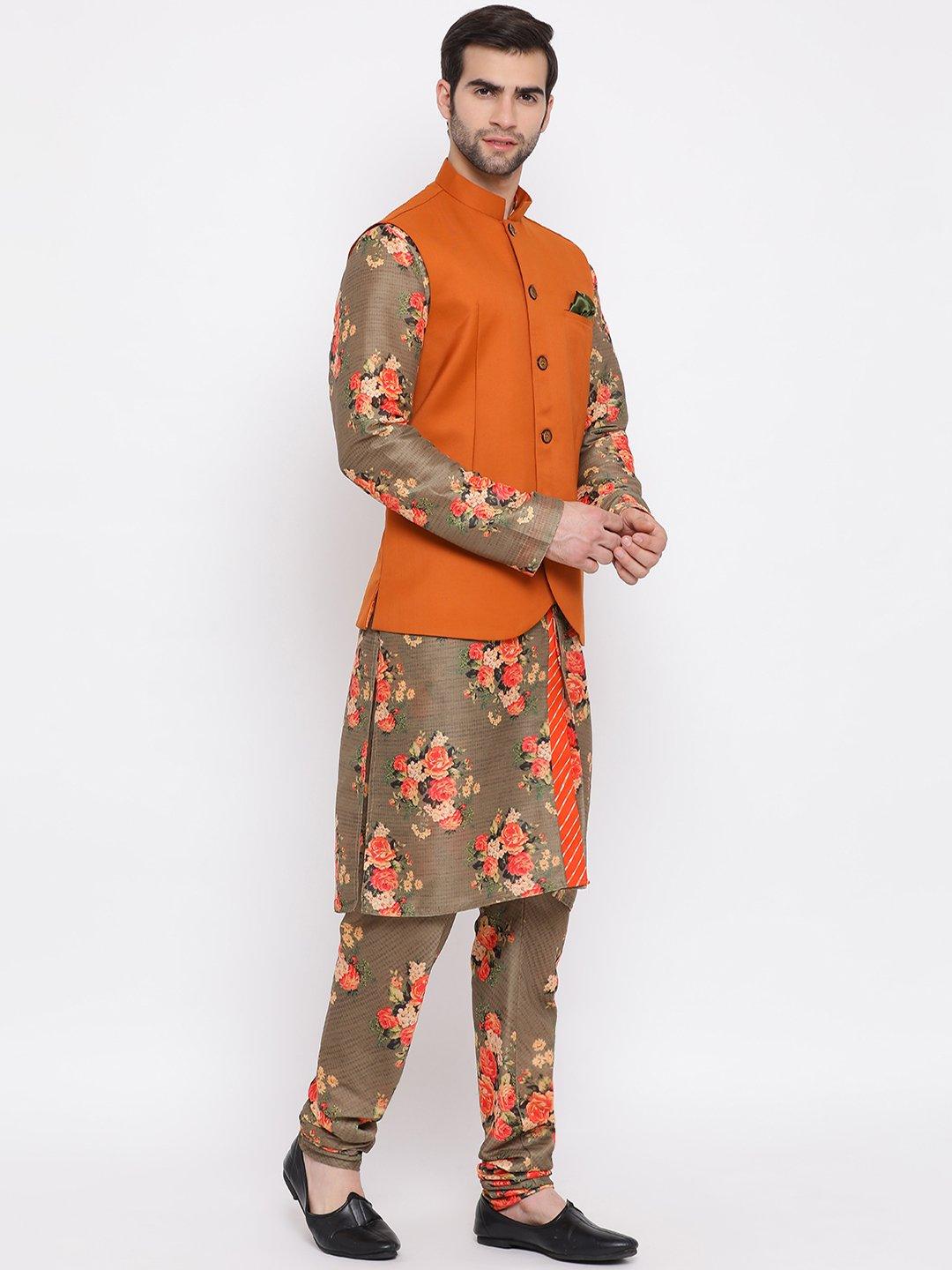 Men's Orange Twill Jacket, Printed Kurta and Pyjama Set - Vastramay - Indiakreations