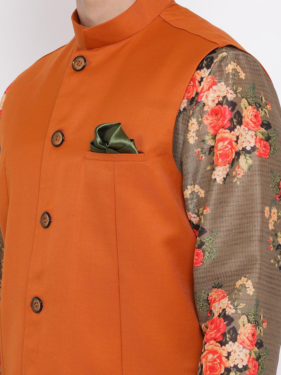 Men's Orange Twill Jacket, Printed Kurta and Pyjama Set - Vastramay - Indiakreations