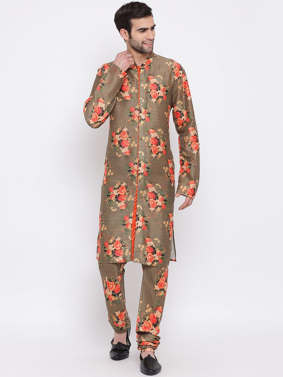 Men's Orange Twill Jacket, Printed Kurta and Pyjama Set - Vastramay - Indiakreations