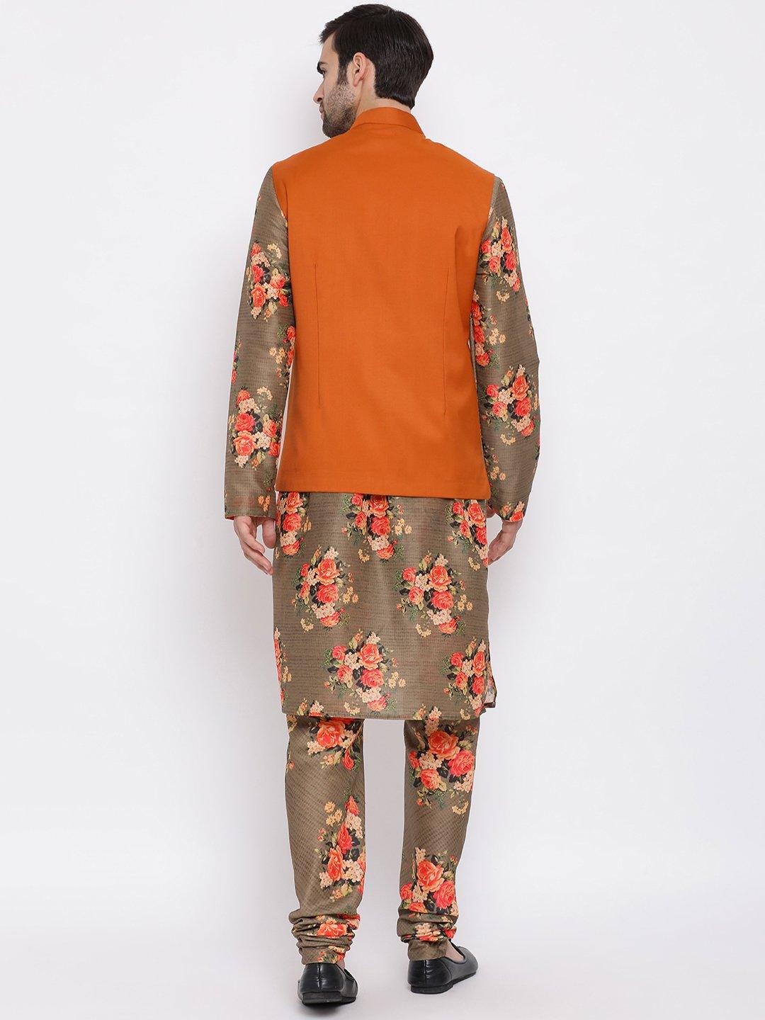 Men's Orange Twill Jacket, Printed Kurta and Pyjama Set - Vastramay - Indiakreations