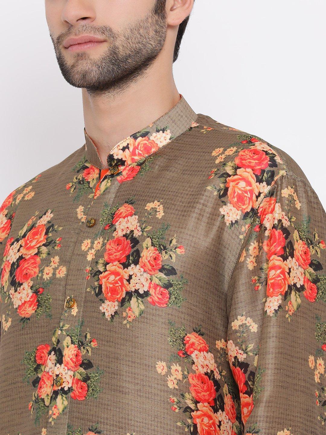 Men's Orange Twill Jacket, Printed Kurta and Pyjama Set - Vastramay - Indiakreations