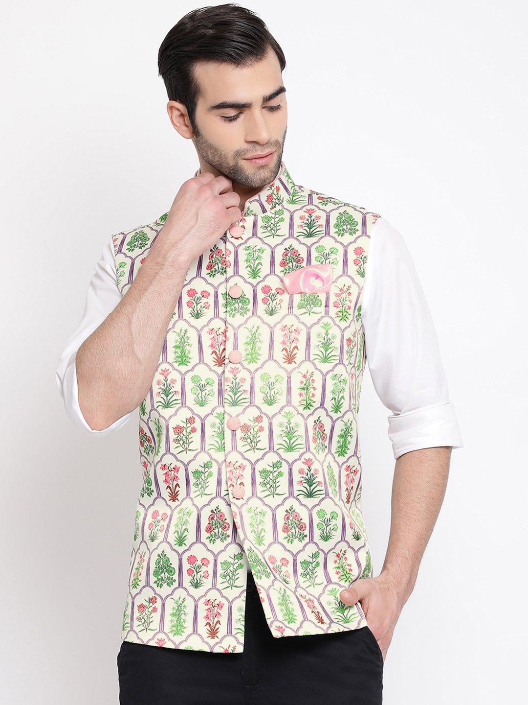 Men's Cream Digital Floral Printed Royal Nehru Jacket - Vastramay - Indiakreations