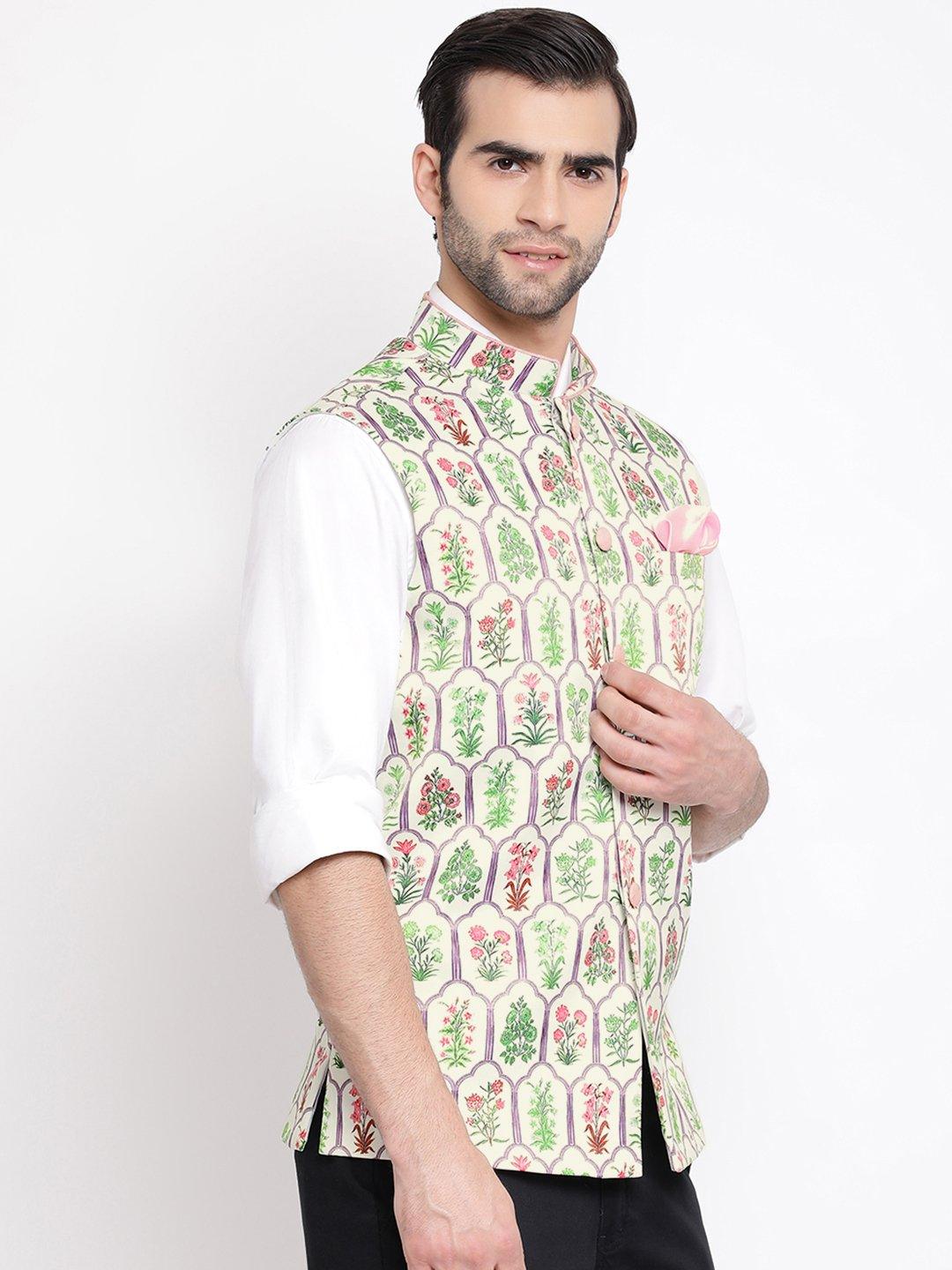 Men's Cream Digital Floral Printed Royal Nehru Jacket - Vastramay - Indiakreations