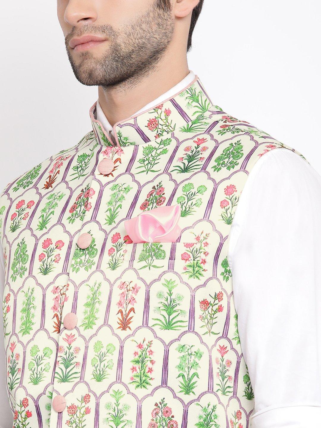 Men's Cream Digital Floral Printed Royal Nehru Jacket - Vastramay - Indiakreations