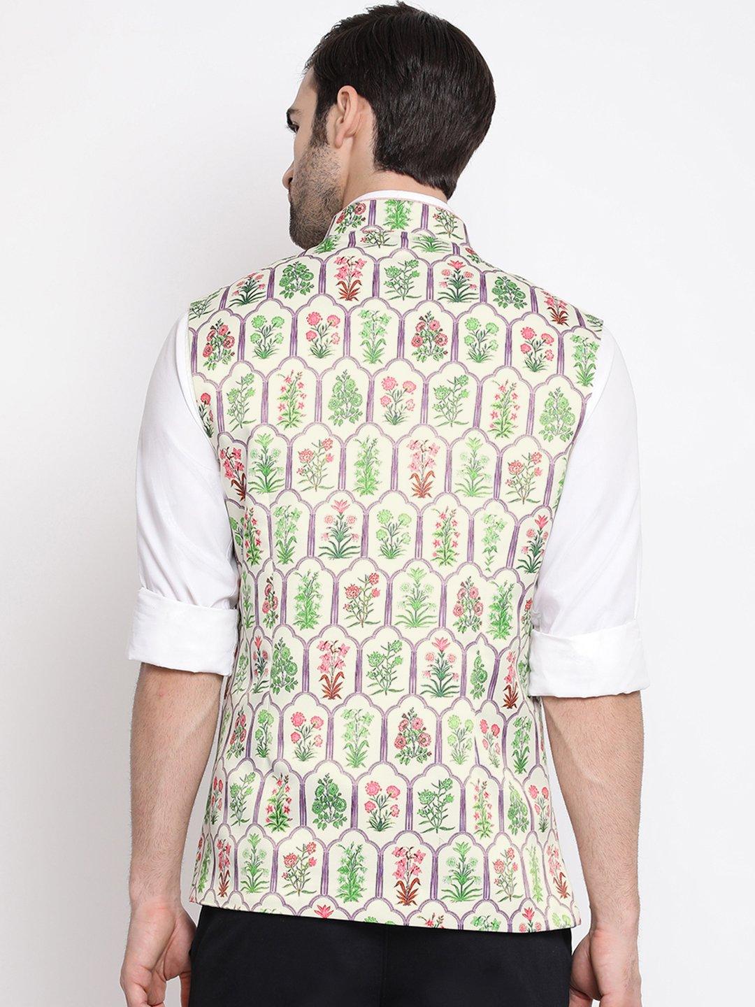 Men's Cream Digital Floral Printed Royal Nehru Jacket - Vastramay - Indiakreations