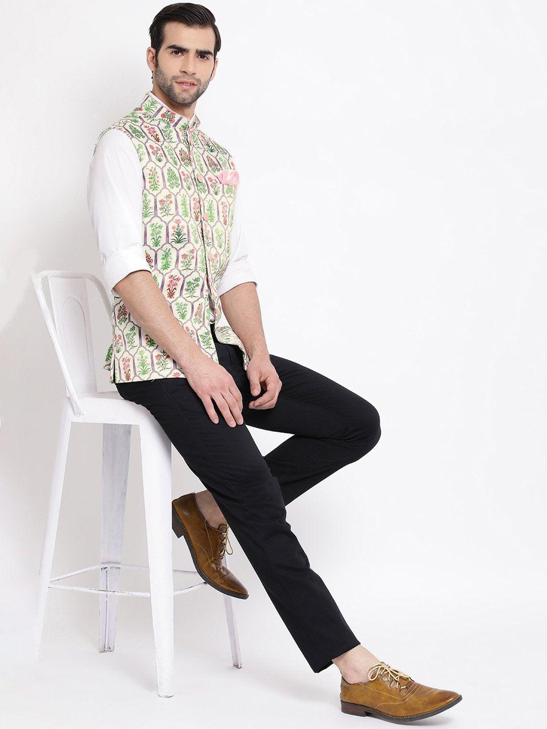 Men's Cream Digital Floral Printed Royal Nehru Jacket - Vastramay - Indiakreations