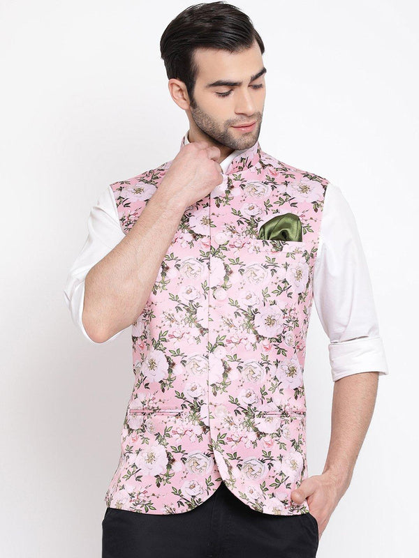 Men's Pink Digital Floral Printed Royal Nehru Jacket - Vastramay - Indiakreations