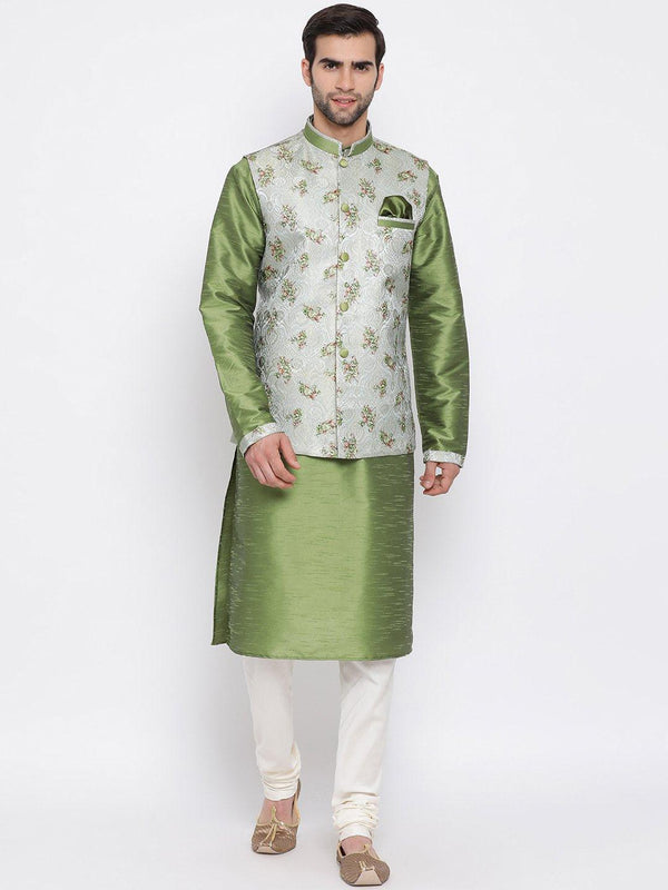 Men's Green Floral Jacquard Jacket With Silk Kurta and Pyjama Set - Vastramay - Indiakreations