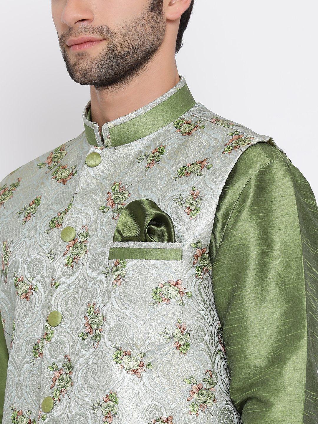 Men's Green Floral Jacquard Jacket With Silk Kurta and Pyjama Set - Vastramay - Indiakreations