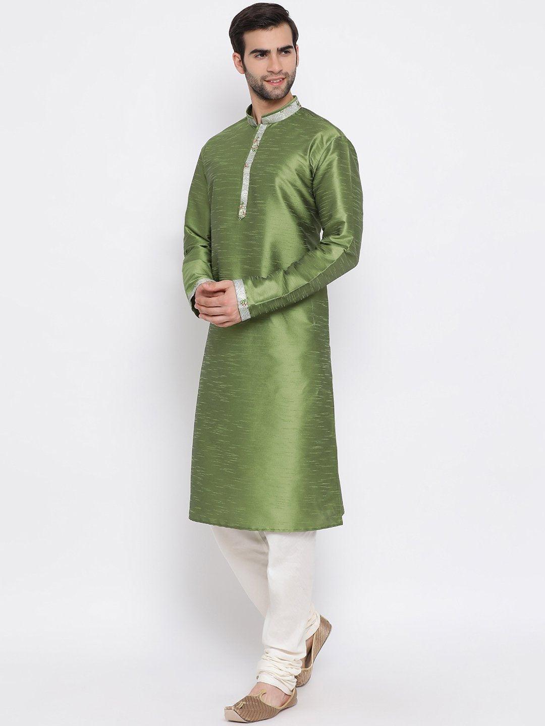 Men's Green Floral Jacquard Jacket With Silk Kurta and Pyjama Set - Vastramay - Indiakreations
