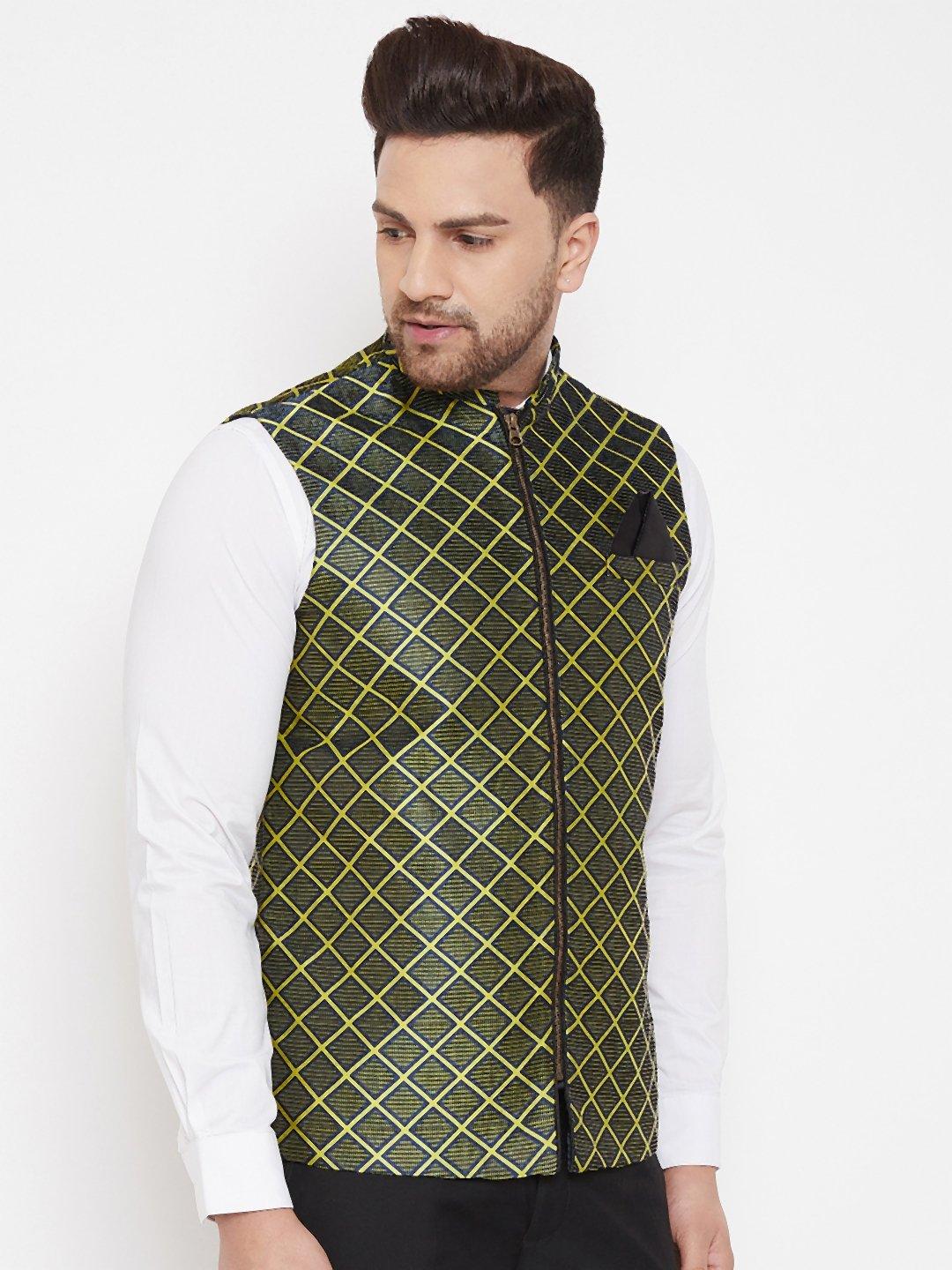 Men's Green Jute Cotton Zipper Nehru Jacket - Vastramay - Indiakreations