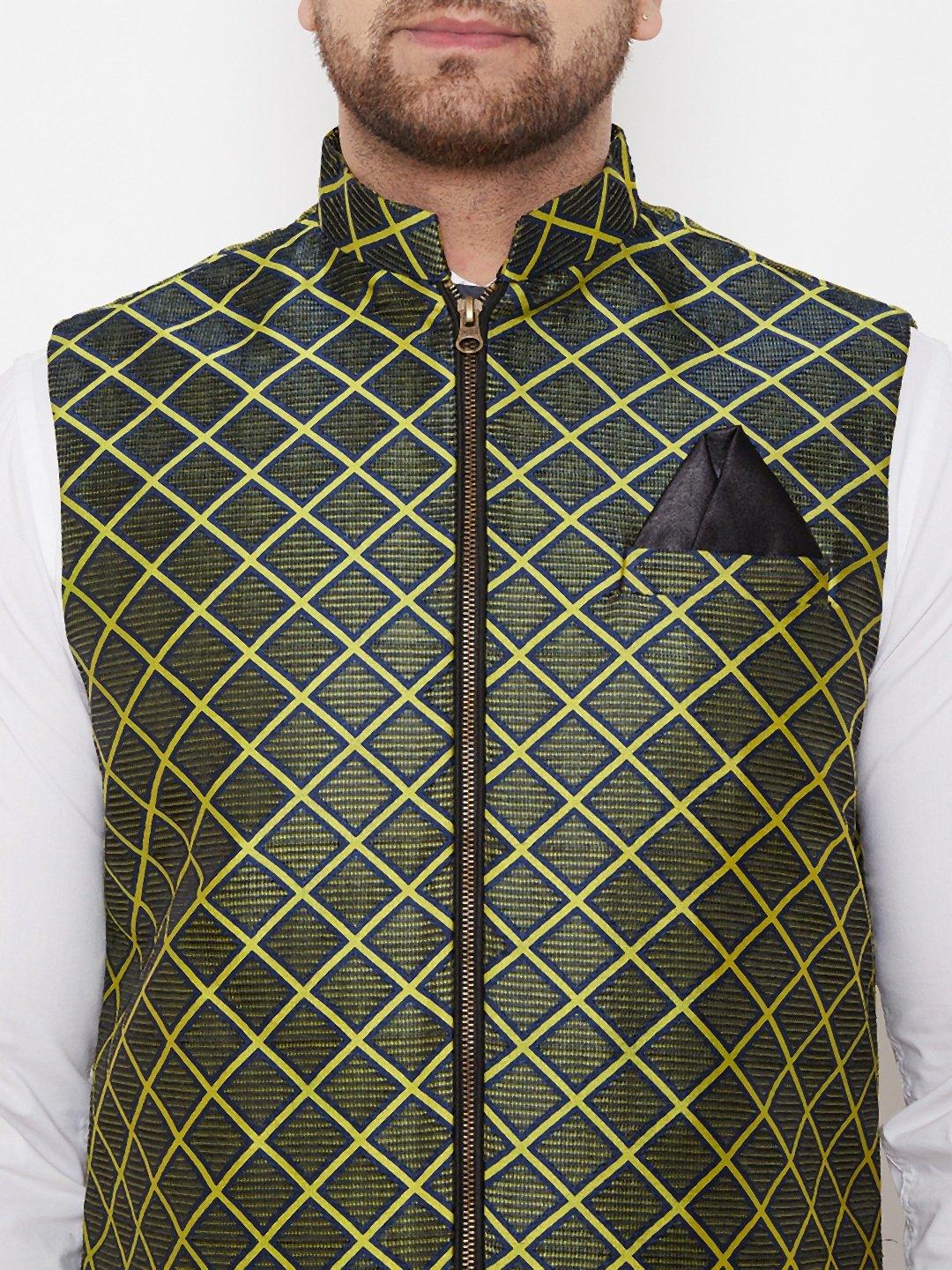 Men's Green Jute Cotton Zipper Nehru Jacket - Vastramay - Indiakreations