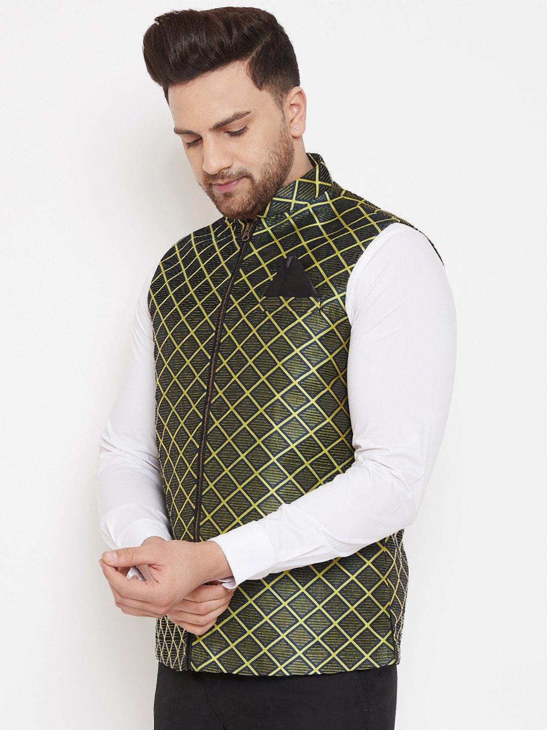 Men's Green Jute Cotton Zipper Nehru Jacket - Vastramay - Indiakreations