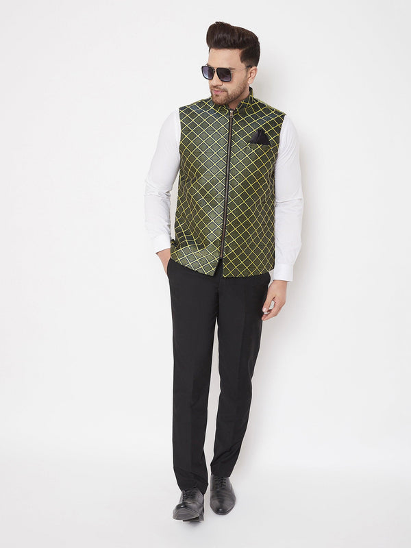 Men's Green Jute Cotton Zipper Nehru Jacket - Vastramay - Indiakreations