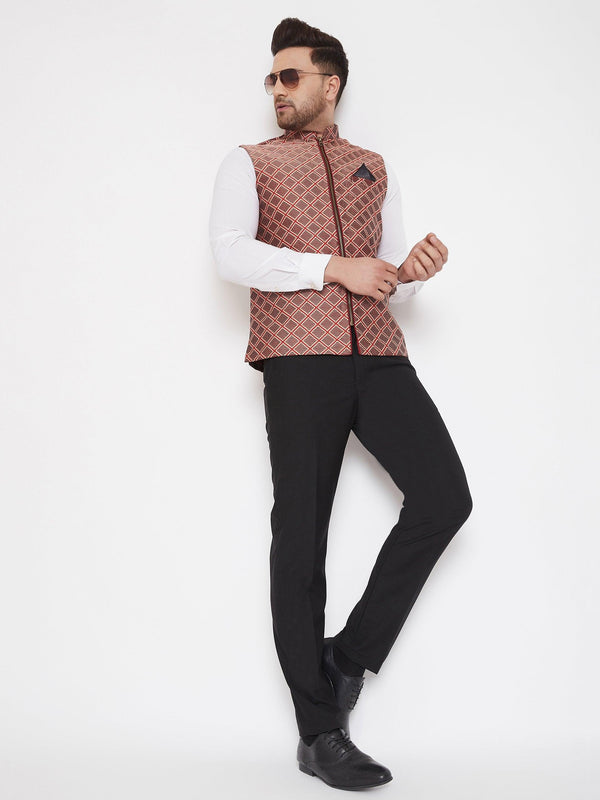 Men's Red Jute Cotton Zipper Nehru Jacket - Vastramay - Indiakreations